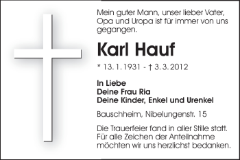 Traueranzeige von Karl Hauf von Rüsselsheimer Echo, Groß-Gerauer-Echo, Ried Echo