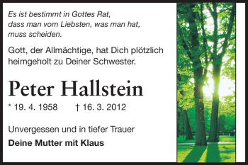 Traueranzeige von Peter Hallstein von Darmstädter Echo, Odenwälder Echo, Rüsselsheimer Echo, Groß-Gerauer-Echo, Ried Echo