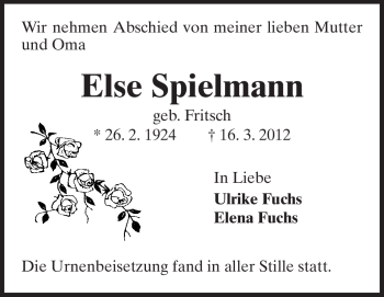 Traueranzeige von Else Spielmann von Darmstädter Echo, Odenwälder Echo, Rüsselsheimer Echo, Groß-Gerauer-Echo, Ried Echo