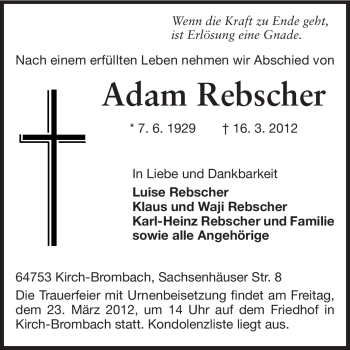Traueranzeige von Adam Rebscher von Odenwälder Echo