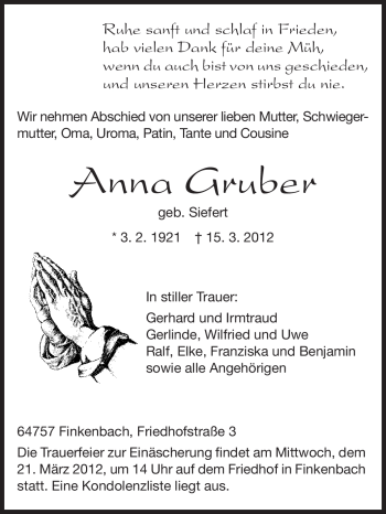 Traueranzeige von Anna Gruber von Odenwälder Echo