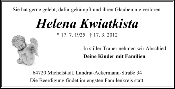 Traueranzeige von Helena Kwiatkista von Odenwälder Echo