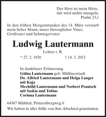 Traueranzeige von Ludwig Lautermann von Echo-Zeitungen (Gesamtausgabe)