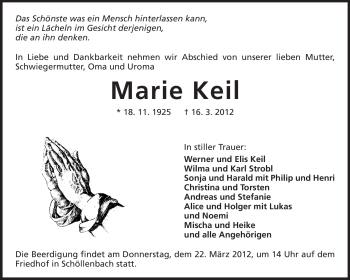 Traueranzeige von Marie Keil von Odenwälder Echo