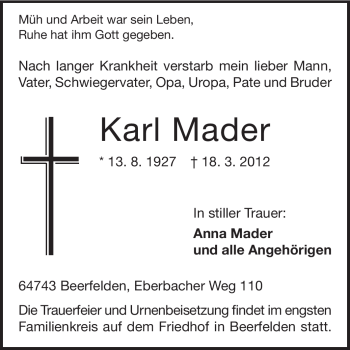 Traueranzeige von Karl Mader von Odenwälder Echo