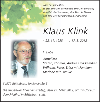 Traueranzeige von Klaus Klink von Rüsselsheimer Echo, Groß-Gerauer-Echo, Ried Echo