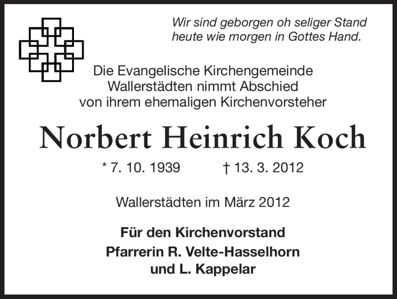  Traueranzeige für Norbert Heinrich Koch vom 21.03.2012 aus Rüsselsheimer Echo, Groß-Gerauer-Echo, Ried Echo