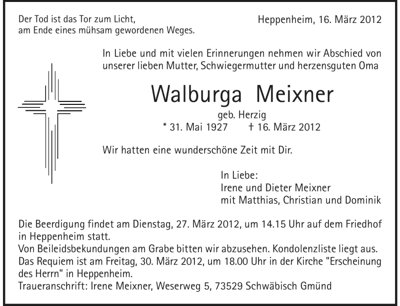  Traueranzeige für Walburga Meixner vom 23.03.2012 aus Starkenburger Echo