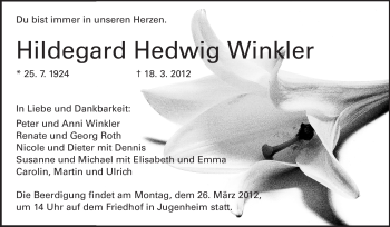 Traueranzeige von Hildegard Hedwig Winkler von Echo-Zeitungen (Gesamtausgabe)