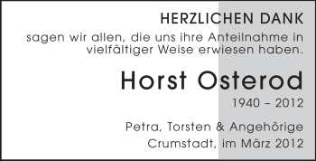 Traueranzeige von Horst Osterod von Echo-Zeitungen (Gesamtausgabe)