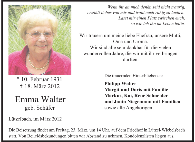  Traueranzeige für Emma Walter vom 21.03.2012 aus Odenwälder Echo