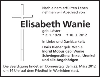Traueranzeige von Elisabeth Wanie von Rüsselsheimer Echo, Groß-Gerauer-Echo, Ried Echo