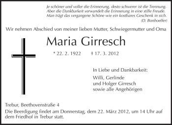 Traueranzeige von Maria Girresch von Rüsselsheimer Echo, Groß-Gerauer-Echo, Ried Echo