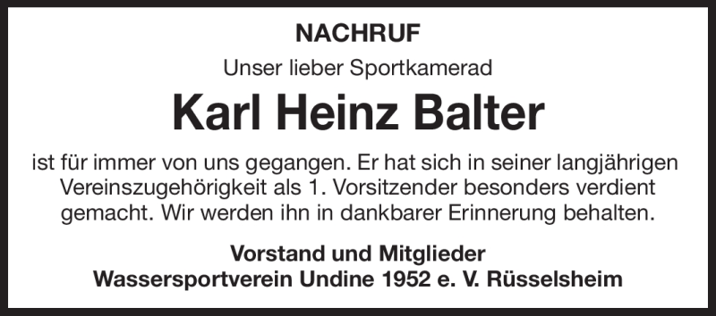  Traueranzeige für Karl Heinz Balter vom 21.03.2012 aus Rüsselsheimer Echo, Groß-Gerauer-Echo, Ried Echo