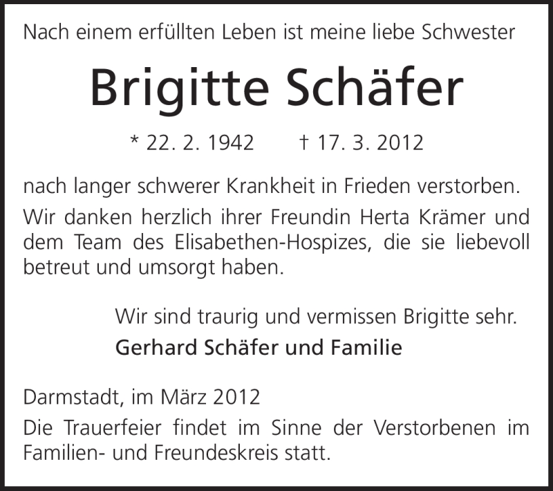  Traueranzeige für Brigitte Schäfer vom 24.03.2012 aus Echo-Zeitungen (Gesamtausgabe)