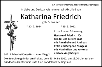 Traueranzeige von Katharina Friedrich von Odenwälder Echo