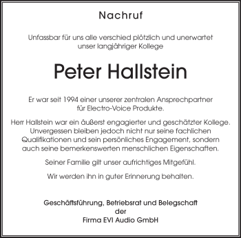 Traueranzeige von Peter Hallstein von Echo-Zeitungen (Gesamtausgabe)
