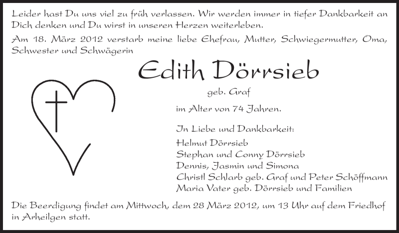  Traueranzeige für Edith Dörrsieb vom 24.03.2012 aus Echo-Zeitungen (Gesamtausgabe)