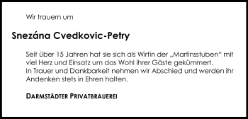 Traueranzeige von Snezana Cvedkovic-Petry von Echo-Zeitungen (Gesamtausgabe)
