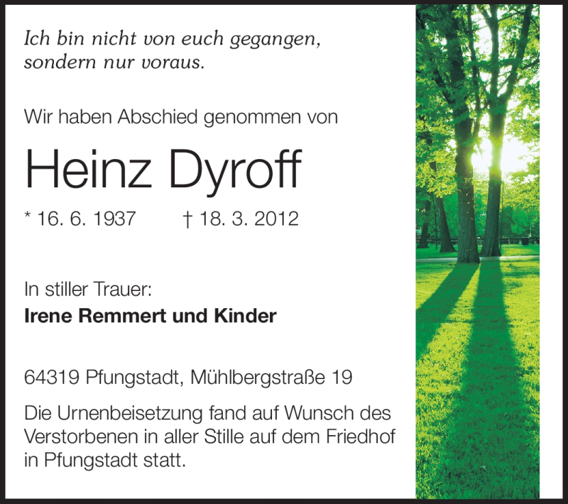  Traueranzeige für Heinz Dyroff vom 28.03.2012 aus Echo-Zeitungen (Gesamtausgabe)