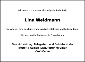 Traueranzeige von Lina Weidmann von Rüsselsheimer Echo, Groß-Gerauer-Echo, Ried Echo