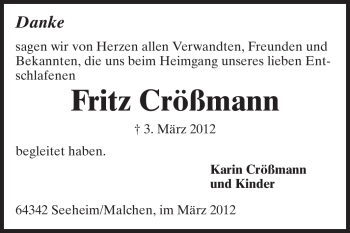 Traueranzeige von Fritz Crößmann von Echo-Zeitungen (Gesamtausgabe)