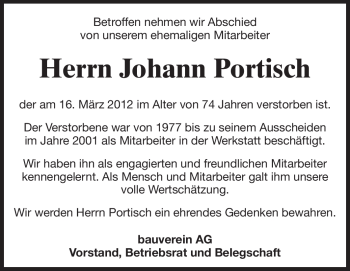 Traueranzeige von Johann Portisch von Echo-Zeitungen (Gesamtausgabe)