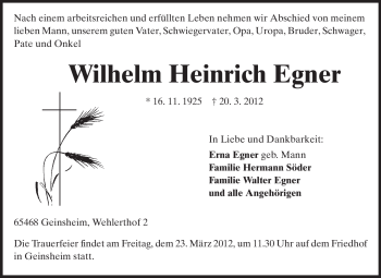 Traueranzeige von Wilhelm Heinrich Egner von Rüsselsheimer Echo, Groß-Gerauer-Echo, Ried Echo
