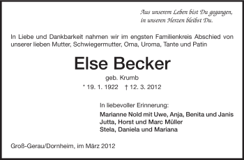 Traueranzeige von Else Becker von Rüsselsheimer Echo, Groß-Gerauer-Echo, Ried Echo