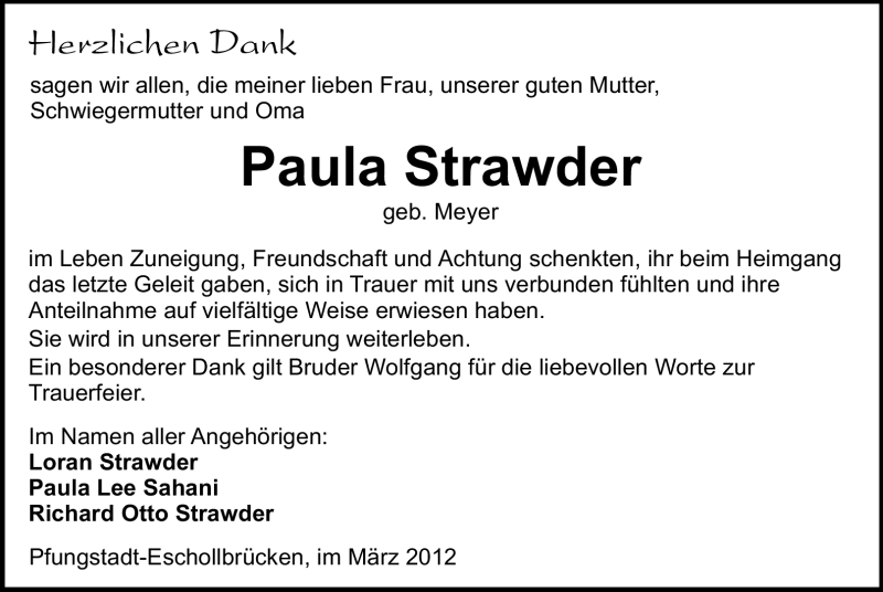  Traueranzeige für Paula Strawder vom 24.03.2012 aus Echo-Zeitungen (Gesamtausgabe)