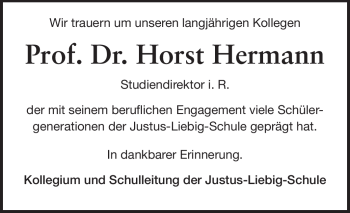 Traueranzeige von Horst Hermann von Echo-Zeitungen (Gesamtausgabe)