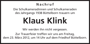 Traueranzeige von Klaus Klink von Rüsselsheimer Echo, Groß-Gerauer-Echo, Ried Echo