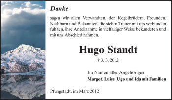 Traueranzeige von Hugo Standt von Echo-Zeitungen (Gesamtausgabe)