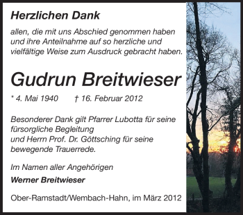 Traueranzeige von Gudrun Breitwieser von Echo-Zeitungen (Gesamtausgabe)
