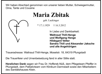 Traueranzeige von Maria Zbitak von Echo-Zeitungen (Gesamtausgabe)