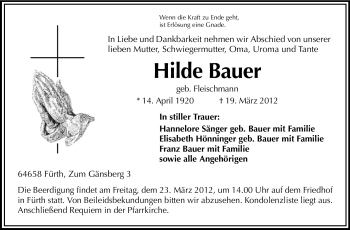 Traueranzeige von Hilde Bauer  von Starkenburger Echo