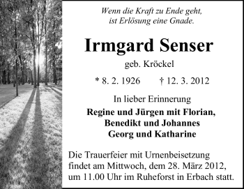 Traueranzeige von Irmgard Senser von Odenwälder Echo