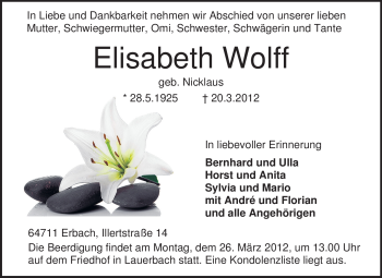 Traueranzeige von Elisabeth Wolff von Odenwälder Echo