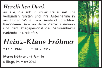 Traueranzeige von Heinz-Klaus Fröhner von Echo-Zeitungen (Gesamtausgabe)