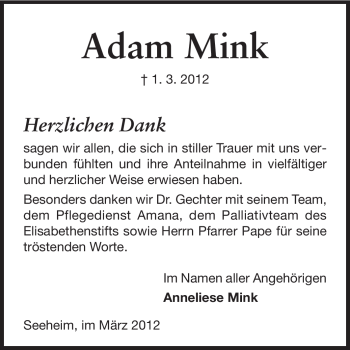 Traueranzeige von Adam Mink von Echo-Zeitungen (Gesamtausgabe)