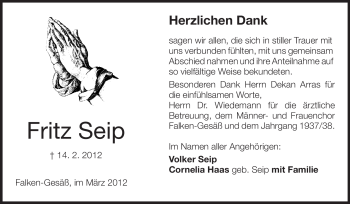 Traueranzeige von Fritz Seip von Odenwälder Echo