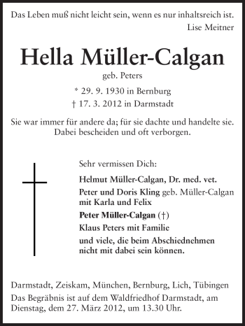 Traueranzeige von Hella Müller-Calgan von Darmstädter Echo, Odenwälder Echo, Rüsselsheimer Echo, Groß-Gerauer-Echo, Ried Echo