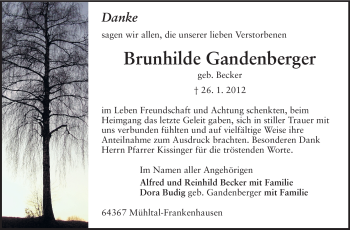 Traueranzeige von Brunhilde Gandenberger von Echo-Zeitungen (Gesamtausgabe)
