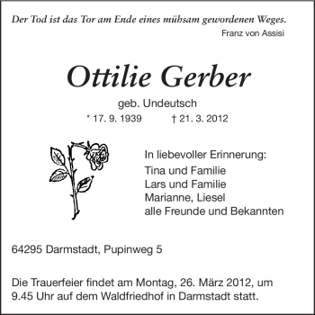 Traueranzeige von Ottilie Gerber von Darmstädter Echo, Odenwälder Echo, Rüsselsheimer Echo, Groß-Gerauer-Echo, Ried Echo