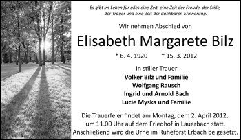 Traueranzeige von Elisabeth Margarete Bilz von Odenwälder Echo
