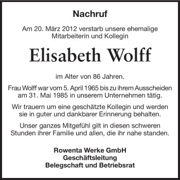 Traueranzeige von Elisabeth Wolff von Odenwälder Echo