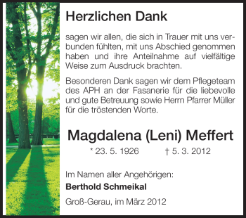 Traueranzeige von Magdalena Meffert von Rüsselsheimer Echo, Groß-Gerauer-Echo, Ried Echo