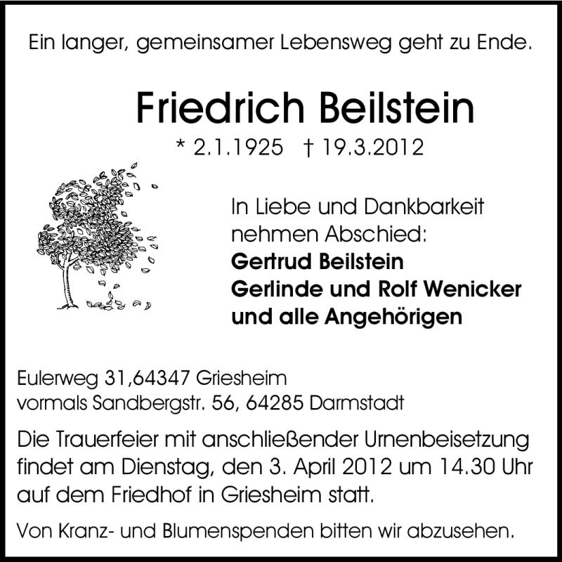  Traueranzeige für Friedrich Beilstein vom 24.03.2012 aus Echo-Zeitungen (Gesamtausgabe)
