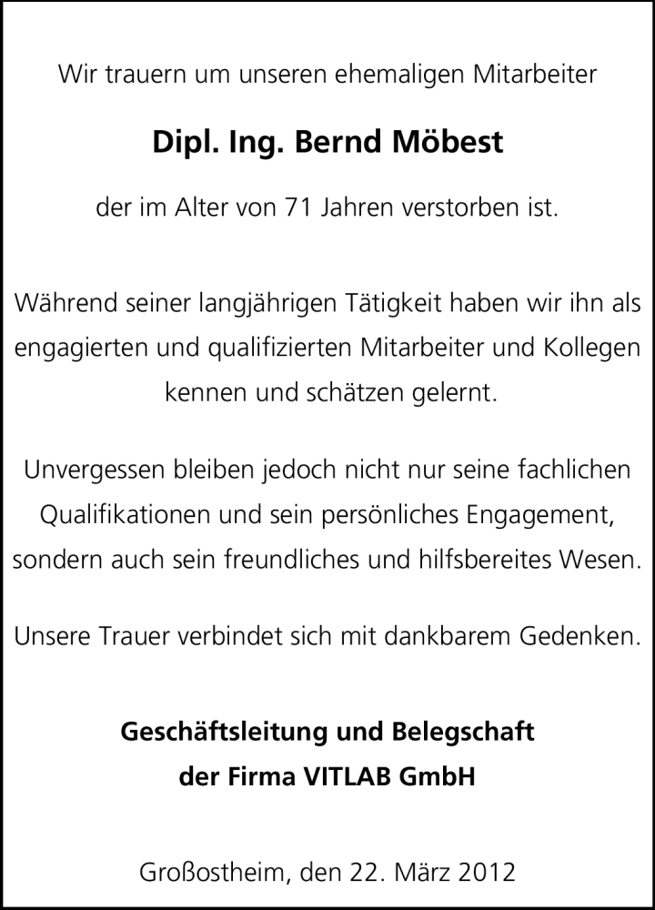  Traueranzeige für Bernd Möbest vom 24.03.2012 aus Echo-Zeitungen (Gesamtausgabe)