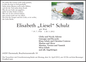Traueranzeige von Elisabeth Schulz von Darmstädter Echo, Odenwälder Echo, Rüsselsheimer Echo, Groß-Gerauer-Echo, Ried Echo